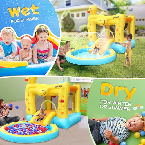 Bonnlo Inflatable Water Bounce House with Slide, Inflatable Water Slide with Sprayer and Pool, Duck Shaped Backyard Water Park for Kids Ages 3-10, Equipped with Blower, Heavy Duty