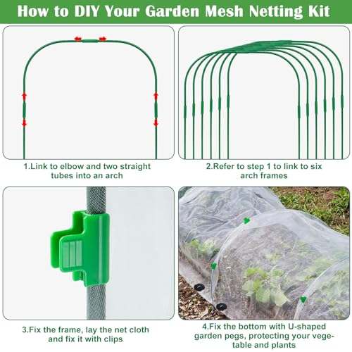 Unves 67 Pcs Garden Netting Kit, 10x25 Ft Ultra Mosquito Bird Netting with 6 Hoops & 12 Clips, Fruit Tree Netting for Patio Raised Beds Vegetable Flowers Protection Barrier - size: 10x25 Ft