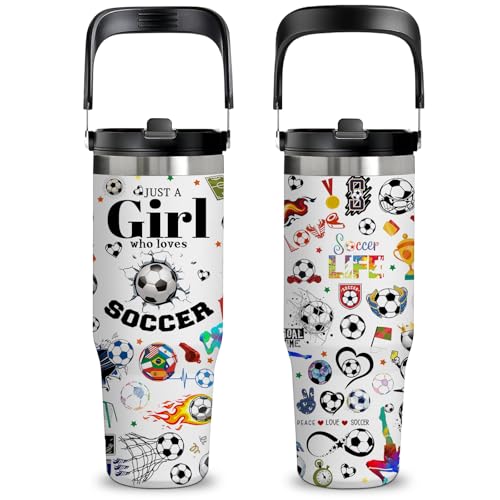Soccer Gift for Women & Girls - 30oz Insulated Stainless Steel Tumbler with Handle, Cute Leak-Proof Water Bottle for Players, Fans - Great for Games, Practice, Christmas & Birthdays - color: Soccer1