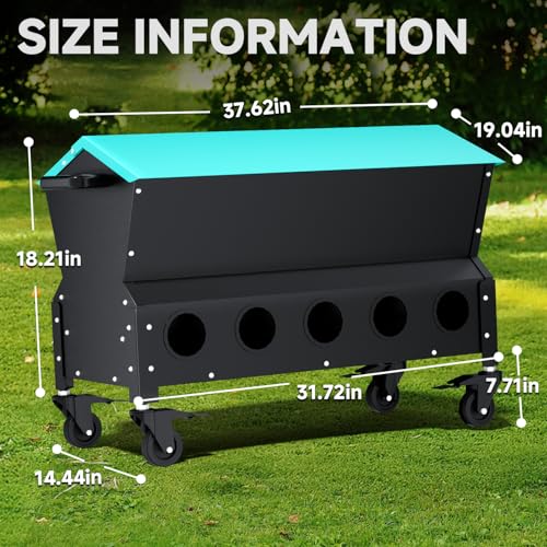 Heavy Duty Chicken Feeder 120 lbs Large Capacity, Metal Automatic Poultry Feeding Box with Waterproof Lid, Raised Standing Feeder with Wheels for Hens & Roosters, Portable & Easy to Move
