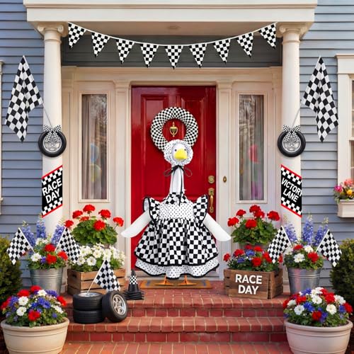 Abbylike 1 Set Racing Car Porch Goose Outfit Racing Yard Goose Costume Clothes Fits Large 23'' H Cement for Game Day Outdoor Patio Garden Lawn Pathway Spring Statue Art Decorations - style: Racing Cars