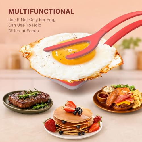Silicone Egg Flipper Spatula Tongs (Set of 1) – Non-Stick 2-in-1 Grip & Flip Kitchen Tongs for Pancakes, Fish, Eggs, and More – Heat Resistant Cooking Tool (Red) - color: Red