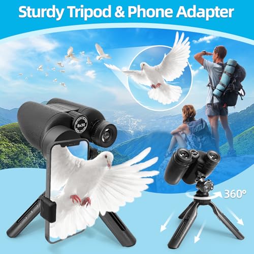 8x30 Adult Binocular with Tripod and Phone Adapter, High Power Binocular Waterproof Compact Binoculars for Bird Watching Hiking Travel Hunting Golf Ship Cruise Concert Kid - color: Black, size: With Accessories