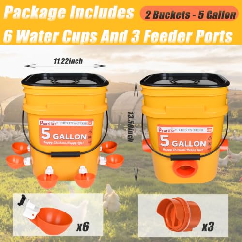 5 Gallon/44 Lbs Automatic Chicken Feeder & Waterer Set with Buckets, No Waste Feeder Port & Waterer Cup, Rain Proof Poultry Feeders, Keeps Out Small Animals, Ideal for Duck, Chick & Turkey