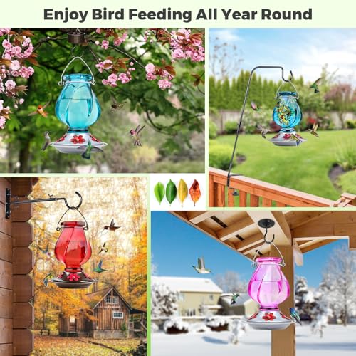 Glass Hummingbird Feeders for Outdoors Hanging, Ant Moat, Purple | 22oz, 5 Feeding Ports, Leak Proof, Weather Resistant, Easy Refill & Clean, Garden & Yard Decor, Gifts for Women Men Mom Dad - color: Ruby Purple