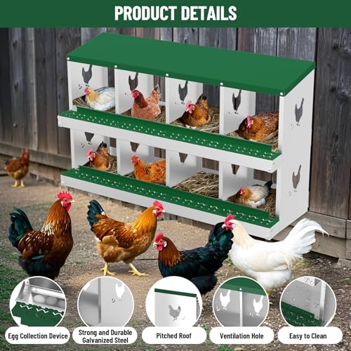 Chicken Nesting Box, 8 Compartment Metal Chicken Nesting Boxes for Chicken Coop, Easy Egg Collection, Easy Cleaning, Chicken Laying Boxes for Hens, Green - color: green, size: 8 holes