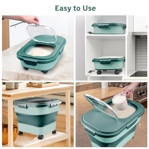 Rice Storage Containers, Collapsible 20 to 30Lbs Food Storage Bin Dispenser with Rolling Wheel and Clear Airtight Lid, BPA Free Flour, Sugar, Cereal and Dog Cat Pet food Containers - color: Green