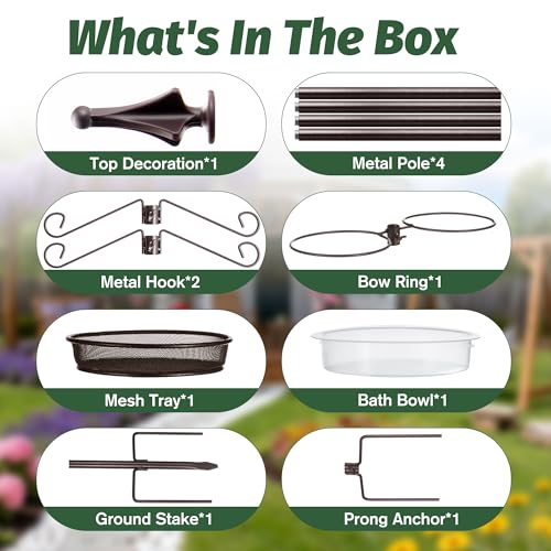 Bird Feeding Station Kit, 81-Inch, 4-Hook Metal Bird Feeder Pole | Bird Bath Bowl, Mesh Seed Tray, Freestanding 5-Prong Base, Removable Parts, Easy Assembly, for Patio, Lawn and Garden - size: 81 Inches without Squirrel Baffle