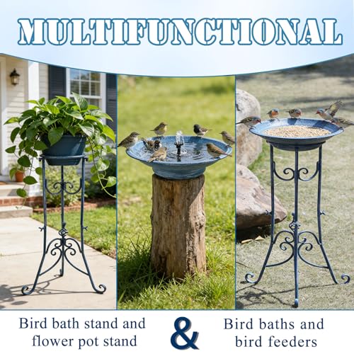 Multifunctional Solar Bird Bath, Solar Powered Bird Bath Fountain | Metal Birdbath Stand and Solar Fountain Bird Bath Bubbler Combo Set,High-efficiency solar panels（Blue） - color: Blue