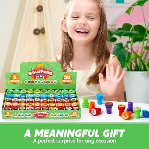 JOYIN 50PCS Dinosaur Stamps for Kids, 50 Different Designs, Fossils, Sea Dinosaurs, Stamps for Dinosaur Party Favor Bags, Classroom Prizes Stuffers, Treasure Box Toys, Birthday Gift - style: Dinosaur
