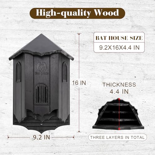 VIREESR Bat House for Outdoors, Castle 3-Chamber Bat Box, 100-Capacity | Cedar Wooden Bat House, Bat Boxes for Outside for Tree, 3 Chamber Design to Attract Bats, Weather-Resistant, Black - size: Black