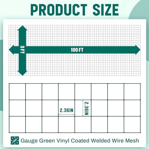 Gisafai 16 Gauge Galvanized Welded Wire Fence 3 ft x 100 ft PVC Coated Hardware Cloth, 2.36" x 2.36" Mesh, Heavy Duty Garden Fencing Roll for Chicken, Dog Yard, Deer Cattle & Animal Protection(Green) - color: Green, size: 3 ft X 100 ft