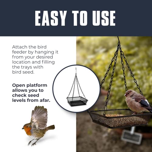 Monarch Abode Hanging Bird Feeder for Outdoors – Hanging Birdfeeder with Iron Mesh Seed Tray for Wild Birds, Matte Black Metal Decorative Wild Bird Feeder for Outside Garden Patio Deck Yard - color: Black, style: Mesh Bird Feeder