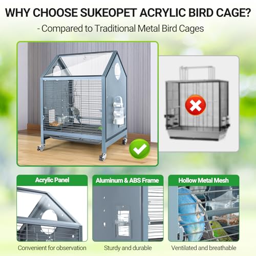Acrylic Bird Cage, 25 inch Medium Parrot Cage for Parakeet Cockatiel Conure Lovebird, Panoramic View Bird Cage with Water Bottle Bird Feeder Perch Rolling Stand