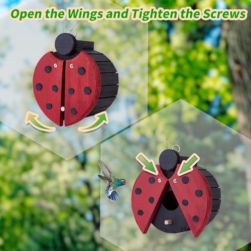 Ladybug-Shaped Wooden Bird House for Outside - Cute Hanging Birdhouse for Finches, Wrens, Cardinals, Bluebirds - Weather-Resistant Wild Bird Nesting Box - Garden Decor & Wildlife Habitat