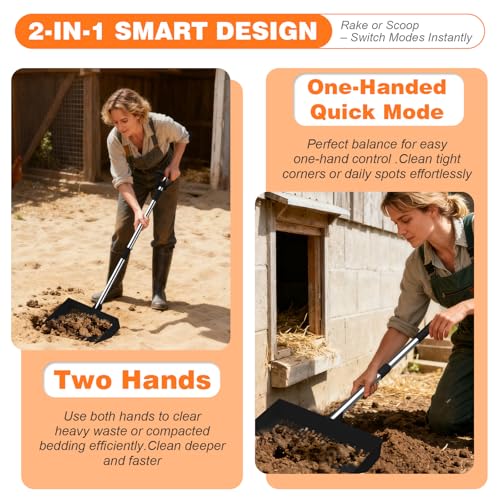 12 Inch Chicken Poop Scooper & Rake, 2-in-1 Stainless Steel Chicken Coop Scoop with Adjustable Handle, Litter Sifting Shovel Cleaning Tools for Chicken Coops, Yard Cleaning, Black[2026 Upgraded]