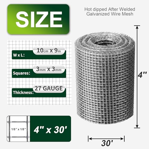 1/8 Inch Hardware Cloth 4'' x 30' 27 Gauge Hot Dip Galvanized Welded Wire Mesh for Chicken House/Coop Fencing, Animal Cage Netting, Bee Swarm Protection Netting and Poultry Enclosures - size: 4in x 30ft