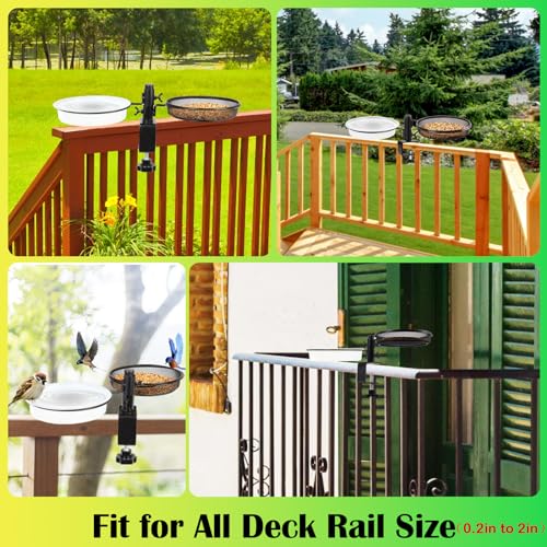 HRAYLTOP Deck Bird Feeders with Metal Mesh Tray and 2 Water Bowls - Detachable Adjustable Heavy Duty Clamp Bracket, Rail Bird Bath Balcony Porch Railing Feeder Perfect for Attracting Birds. - size: 8.8 Inch (Deck Mount)
