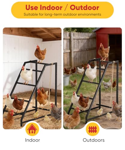 Chicken Perch Swing with Ladder for Coop, Metal Frame Chicken Roosting Bars for 8-10 Hens, Pet Swing Set for Backyard Poultry Farm Roost, Ideal for Chickens' Health and Happiness, Black