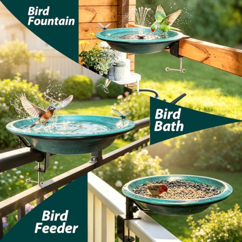 11.5" Deck Mounted Birdbath & Feeder, GreenYard Decor | 2-in-1 Bird Bath & Feeder,Sturdy Deck Clamp,Tool-Free Setup,Weather Rust Resistant,Patio Lawn Decor,Gift for Bird Lovers