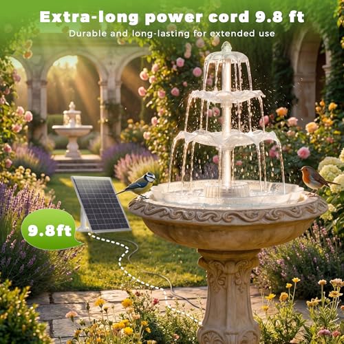 AISITIN 6.5W Solar Bird Bath Fountains with Lights, 3 Tiered Bird Bath | Solar Water Pump Upgraded Detachable DIY Solar Powered Fountain for Garden, Patio, Yard and Pond - color: White