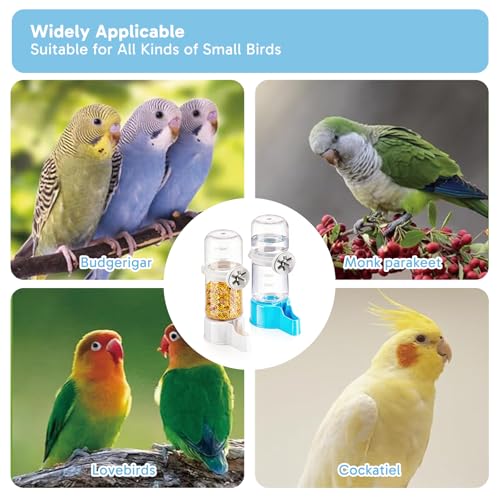 2 Pcs Parakeet Water Dispenser, Automatic Bird Water Dispenser Hanging Feeder, No Drip Bird Cage Water Fountain for Parrots, Finches, Small Pet Birds, Easy to Install and Use(White, Blue)