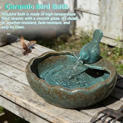Ceramic Solar Fountain Bird Bath with Battery Backup,Solar Garden Fountain | Bird Bath Fountains Solar Power for Garden, Patio & Yard Decor,Working at Night for at Least 6 Hours (Bird)