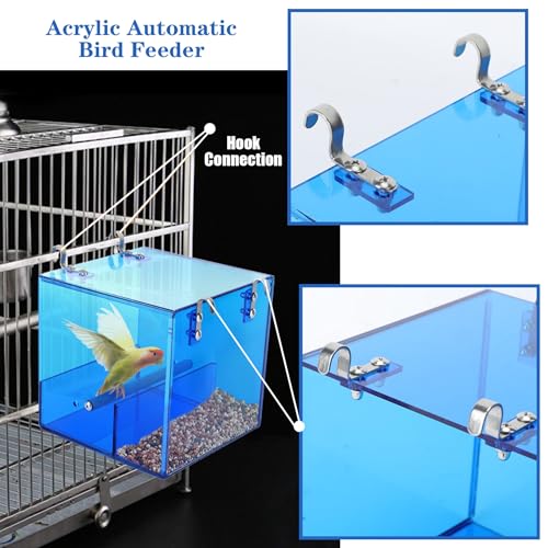 Automatic Bird Feeder Residue-Free Bird Cage Pet Feeder Seed & Pellet Container for Long-Tailed Parrots, Budgerigars, Canaries, Cockatiels, Lovebirds Acrylic Material Blue 6.3 x 6.3 x 6.3 Inches - size: 6.3x 6.3 x 6.3inch