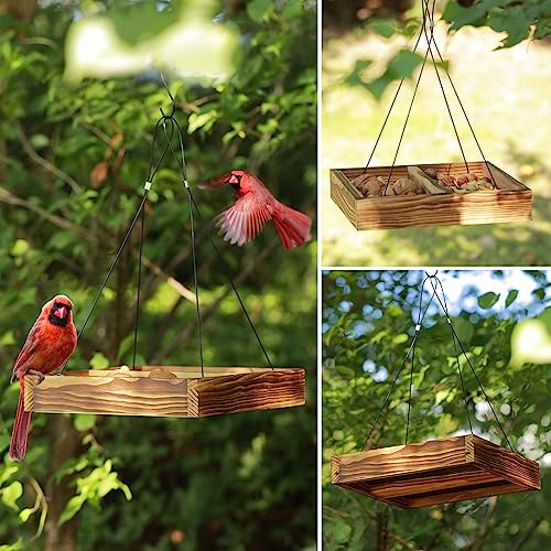 Bird Feeder Hanging Tray, Wooden Platform Hummingbird Feeder Mesh Seed Platform for Garden Yard Outside Decoration Attracting Wild Birds (Brown) - color: Brown