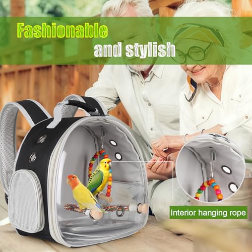 Portable Parrot Travel Cage Carrier with Small Swing Toy&Cage Colorful Toys Set Small Bird Parakeet Bag with Standing Perch Bird Carry Transport Bag (Black, Backpack/Swing)
