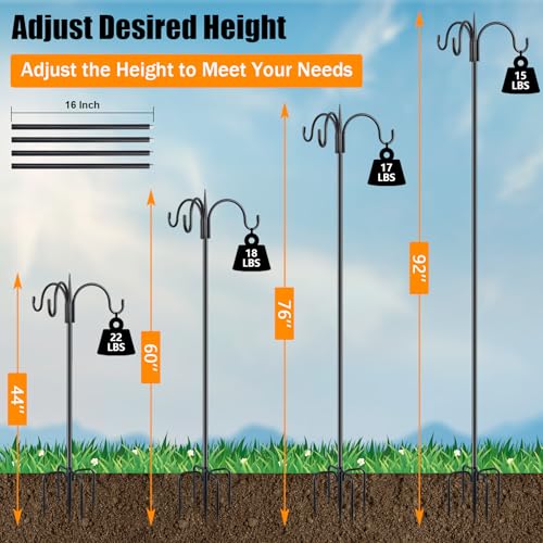Heavy Duty Shepherds Hook 92" Triple Hooks - Metal 5-Prong Base, Adjustable (44/60/76/92") - 15lb Capacity Bird Feeder Pole for Hanging Plants, Solar Lanterns, Wind Chimes, 1 Pack - color: 1-Pack, size: 92" Triple Hooks
