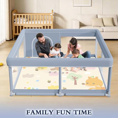 XVISHX 50 x 50 Inch Baby Playpen with Mat, Playpen for Babies and Toddlers, Baby Playard for Indoor & Outdoor Active Center Game Fence, with Skin-Friendly Fabric and Soft Breathable Mesh, Grey - size: 50×50 Inch With MAT