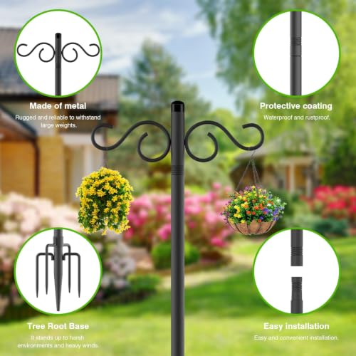 RCUICA Double Shepherds Hooks for Outdoor,2 Pack 110Inch Bird Feeder Pole with 5 Prongs Base,Heavy Duty Shepherds Hook,Suitable for Garden in Hanging Flower Basket,Lantern,Bird Nests (110 inch) - size: 2 Pack 110 inch