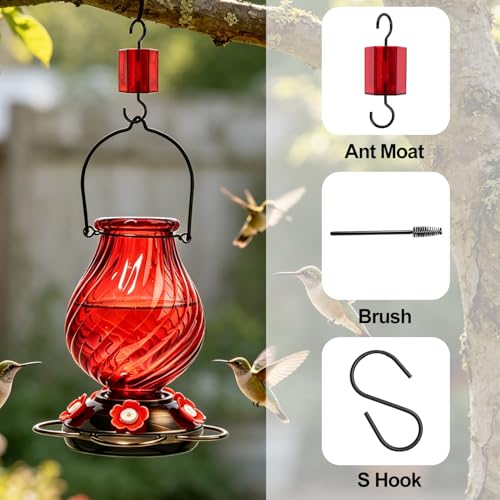 32 oz Glass Hummingbird Feeders for Outdoors Hanging,Large Capacity Hummingbird Feeder with Ant Moat and 5 Flower Feeding Ports,Birthday Gifts for Mom Dad,Outdoor Garden Decor,Red - color: Red-B