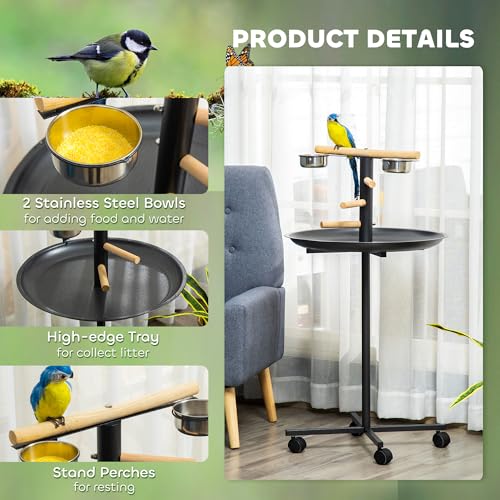 PawHut Bird Play Stand, Portable Parrot Perch, Bird Feeder Station, with Four Wheels, Stainless Steel Feeding Bowls, Round Tray, Grey | Bird Feeder Station, Stainless Steel Feeding Bowls