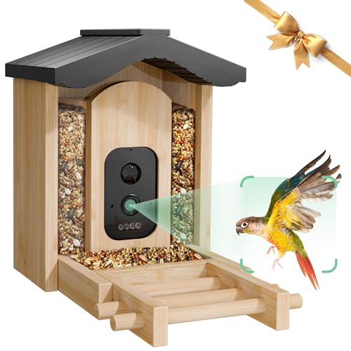 Bird Feeder with Camera, Smart Bird Feeder for Outdoors, Wild Birds Feeders with Solar Panel Bamboo Birds House Camera for Birdlovers, AI Auto Capture Birds & Real-time Notification (Gable)