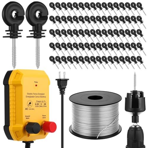 Electric Fence Charger Set 5 Mile 110VAC 0.25 Joule Electric Plug in Fence to Contain Chickens Pet Poultry 80 Black Insulator and 1 Socket Tool 985ft Aluminum Wire for Garden Pond Protection - style: 0.25 Joule
