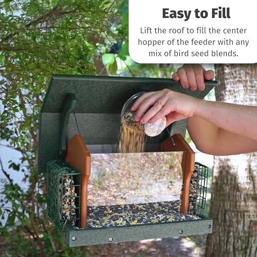 DutchCrafters Poly Hanging Large Hopper Bird Feeder with Two Suet Cake Holder Cages, Durable Long Lasting Outdoor Bird Feeder - Amish American Made in USA (Tudor Brown & Weatherwood) - color: Hanging - Tudor Brown & Weatherwood
