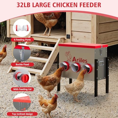 Automatic Chicken Feeder, Metal Poultry Feeder, Chicken Feeders | 40LB Poultry Feeder With Stand & 6 Ports. Includes Bonus Vegetable Net, Feeder Sealant And Anchor Stakes For Chicken.