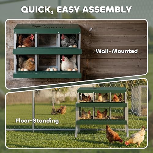 PawHut Chicken Nesting Boxes 6 Compartment for Hens Ducks, Silver | Two-Tier Egg Laying Boxes, Vented Holes, Easy Egg Collection, Metal Nesting Boxes for Chickens - size: 34.1"L x 18.9"W x 34.1"H, style: Roll Away