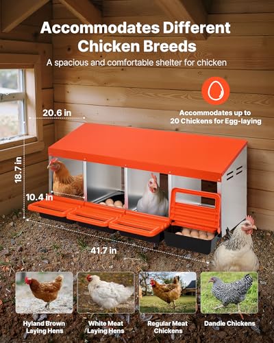 VEVOR Chicken Nesting Boxes, 4 Compartments, Metal Egg Laying Boxes with Protective Collection Lids, Roll Out Nesting Box, Easy to Assemble, Ideal for Hens, Ducks, Chickens, and Other Poultry, Orange - size: 41.7"L x 20.6"W x 18.7"H