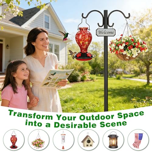 88inch Double Shepherd Hook for Outdoor, 1” Bird Feeder Pole,2Pack | 1in Thick Steel,5-Prong Stable Base,Adjustable Height,20lb Capacity,Ideal For Bird Feeder,Plant & Lantern ,Rust Resistant