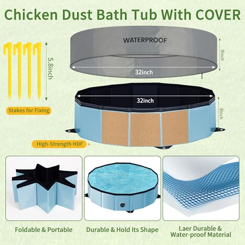 Chicken Dust Bath Tub - 32"D & 8"H Foldable Chicken Coop Accessories to Mix Sand Chilli DE Or Lime Dust in Chicken House, Keep Poultry Hens, Rooster, Button Quail Healthy & Clean, Double as Duck Pool