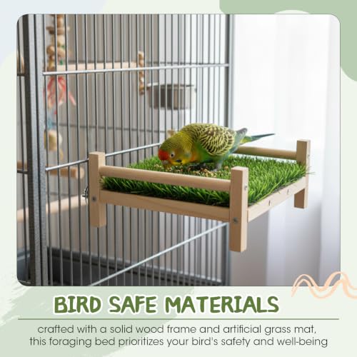 AceOrbit Bird Foraging Bed with Grass Mat 9.06 x 7.87 x 3.94 Inch Parrot Foraging Toy Hammock Bed Wood Frame Easy Install with Hardware Kit for Small Birds Cage Enrichment