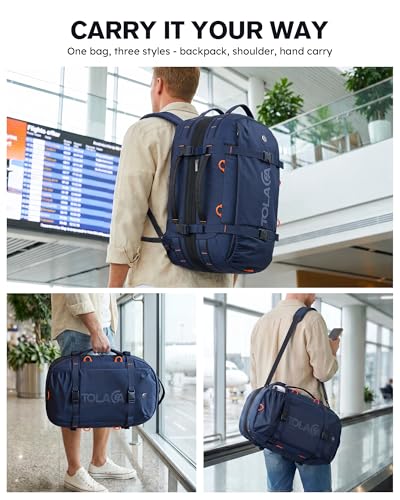 Tolaccea Travel Backpack 40-50L, 16" Laptop Carry On Duffle for Travel Work | 40-50L Expandable, TSA Approved 180° Open, 3L Wet-Dry Pocket, RPET Fabric, 3-in-1 Convertible Carrying, Detachable Waist Belt - color: Blue