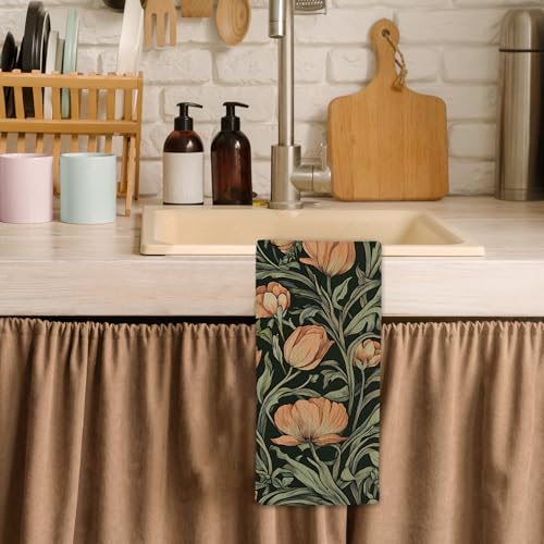 Dark Green Floral Kitchen Towels, Vintage Cottagecore Flower Hand Towels for Bathroom, Aesthetic Floral Dish Tea Towel for Kitchen Decor, 16x24 Inch - color: Green Floral
