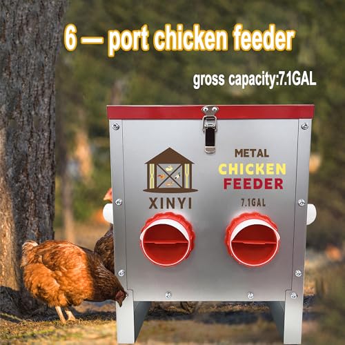XINYI 7.1 Gallon Auto Chicken Feeder, 6 Ports Galvanized Chicken Feeder,Large Chicken Food Container No Waste & Rodent Proof Chicken Food Dispenser System, Weatherproof Duck Feeder - size: 6 ports
