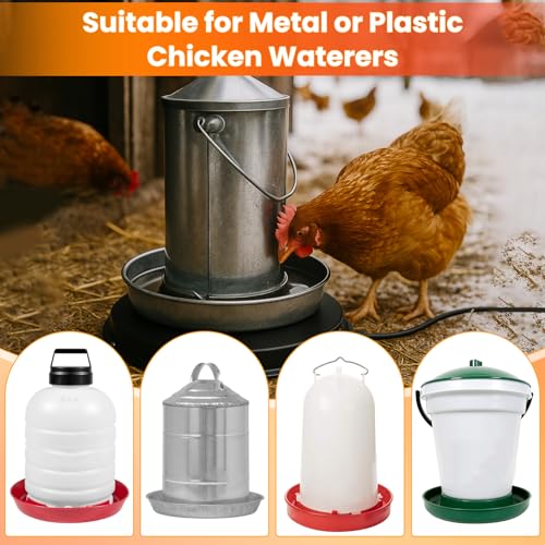 Chicken Water Heater for Winter, 11'' Heated Waterer Base for 1-5 Gallon Metal/Plastic Poultry Waterer, Built-in Thermostat (77℉ Auto Shut-Off), 110W Coop Heater with 6.6ft Power Cord