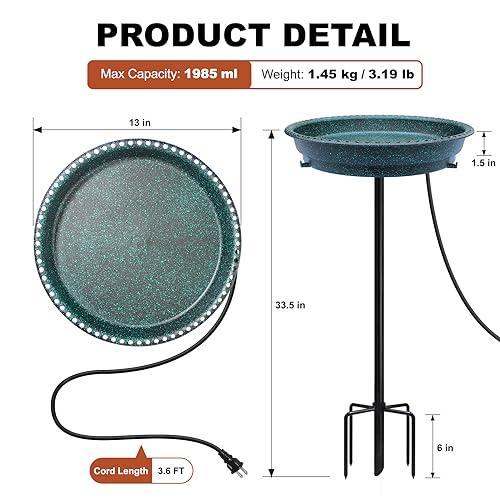 BIRD WISH Heated Bird Bath, Stable 5-Prong Metal Base Thermostat Control Weather Resistance All Seasons Available 75W Heated Bird Baths for Outdoors for Winter Garden Yard Patio Lawn, Spotted Green - color: Spotted Green