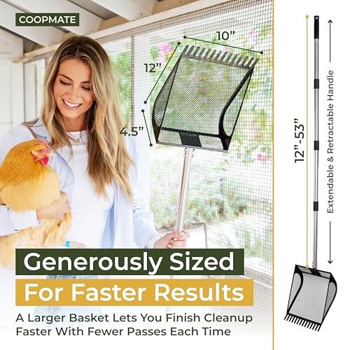 2-in-1 Chicken Coop Poop Scooper and Rake - Metal Sand Sifting Litter Scoop Shovel with Angled Basket and Micro-Sized Diamond Mesh to Catch the Smallest Farm Animal Droppings - Adjustable 12" to 53"